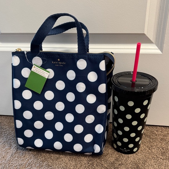 kate spade Other - Kate Spade Blue and White Polka Dot insulated lunch bag & tumbler